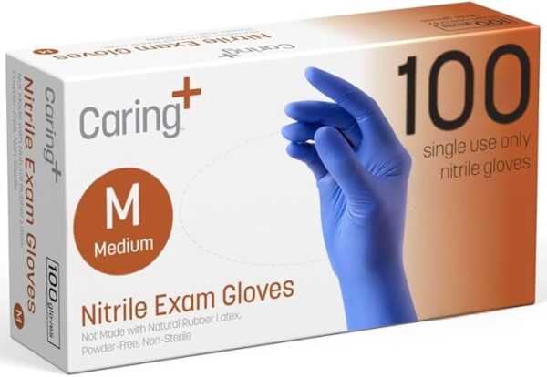 Caring Nitrile Exam Gloves, Blue, Powder-Free, Disposable