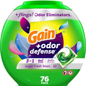 Gain flings Laundry Detergent Pacs with Odor Defense HE Compatible