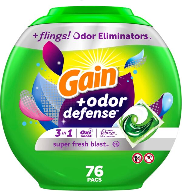 Gain flings Laundry Detergent Pacs with Odor Defense HE Compatible